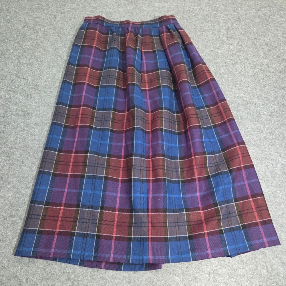 Vintage Eddie Bauer Wool Plaid Midi Skirt Purple Blue Burgundy Size 10 USA Made